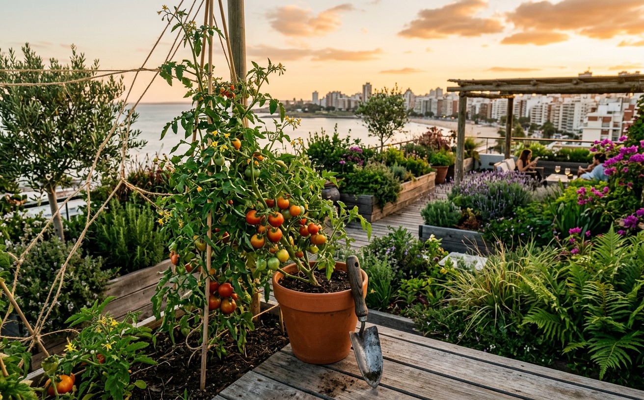 Herramientas ergonómicas de jardinería Loamster en terraza urbana